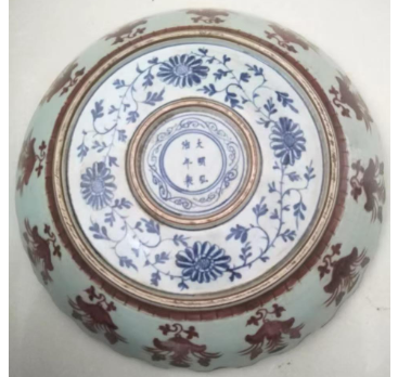 大明弘治青花缠枝釉里红鱼藻纹花口盘-汇观艺术