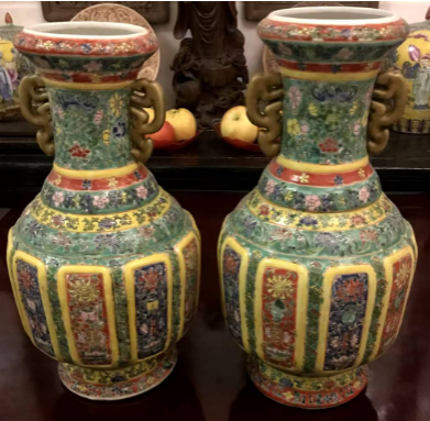 大清乾隆年制粉彩花卉双耳盘口瓶-汇观艺术